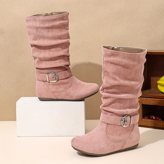 Ruffled Boot Cuffs with Decorative Buckle & Tassel, Flatter Round Toe Zipper Closure, Comfortable Fabric Lining, Casual Everyday Schoolgirl Boots for Girls - All-Season Versatile Mid-Calf (14 & Under)