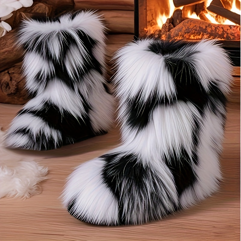 Women's Comfortable Winter Knee-High Boots - Soft Pink Faux Fur Lining, Suitable for Cold Weather, Winter Footwear | Furry Winter Boots | Comfortable Fabric Boots, Winter Shoes, Home Shoes, Slippers, Faux Fur Boots, Women's B