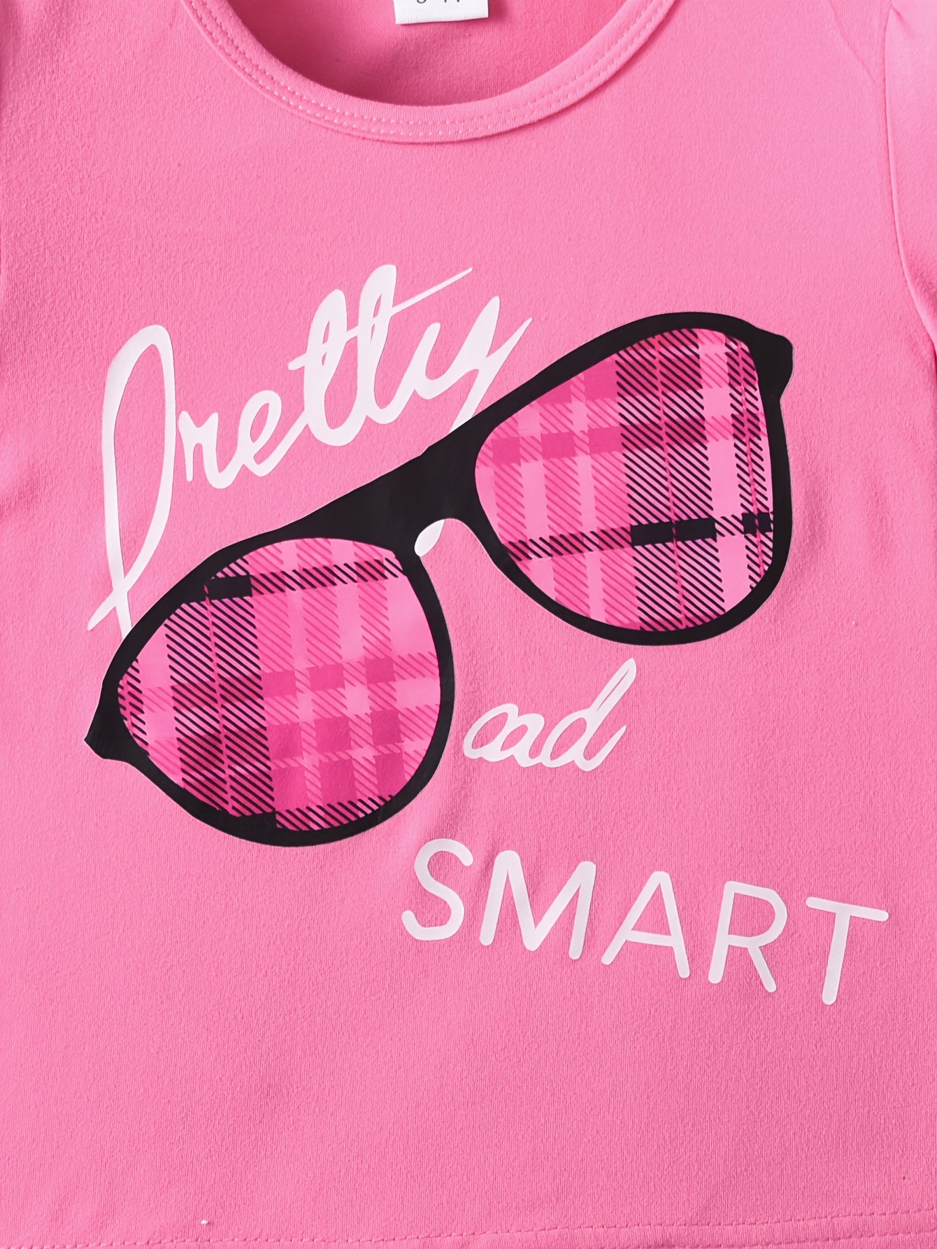 [2pcs Girls' T-Shirt Set] 2pcs Beautiful Smart Girls' Patterned Short Sleeve T-Shirt + Plaid Half Skirt Set