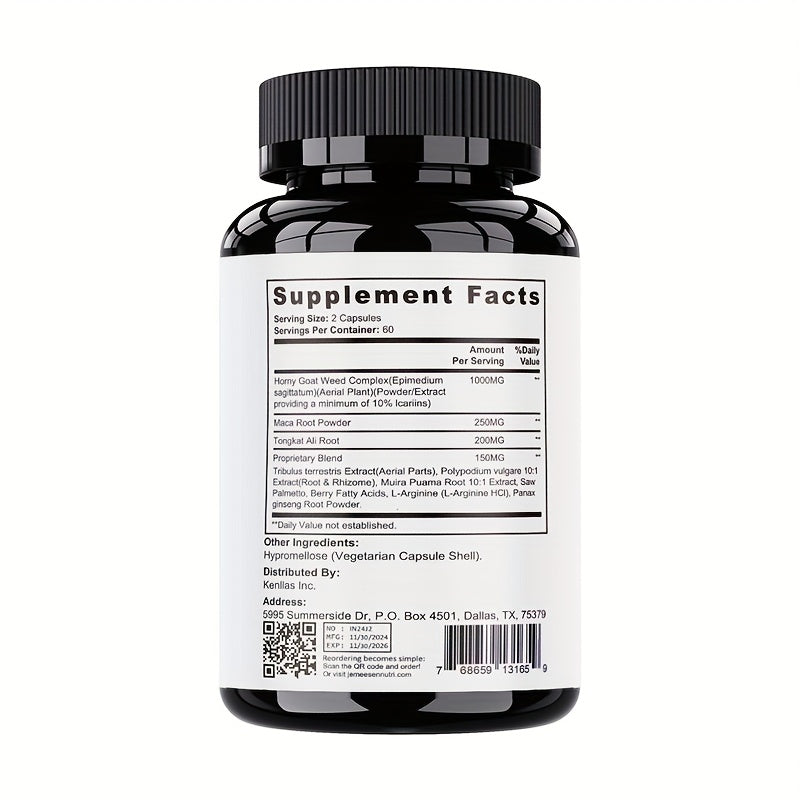 JEMEESEN Epimedium Tongkat Ali - Herbal Supplement for Men with Black Maca And Proprietary Blend - for Men's Health - Deep Into Her - Male Pleasure - 120 Capsules - 60 Day Supply