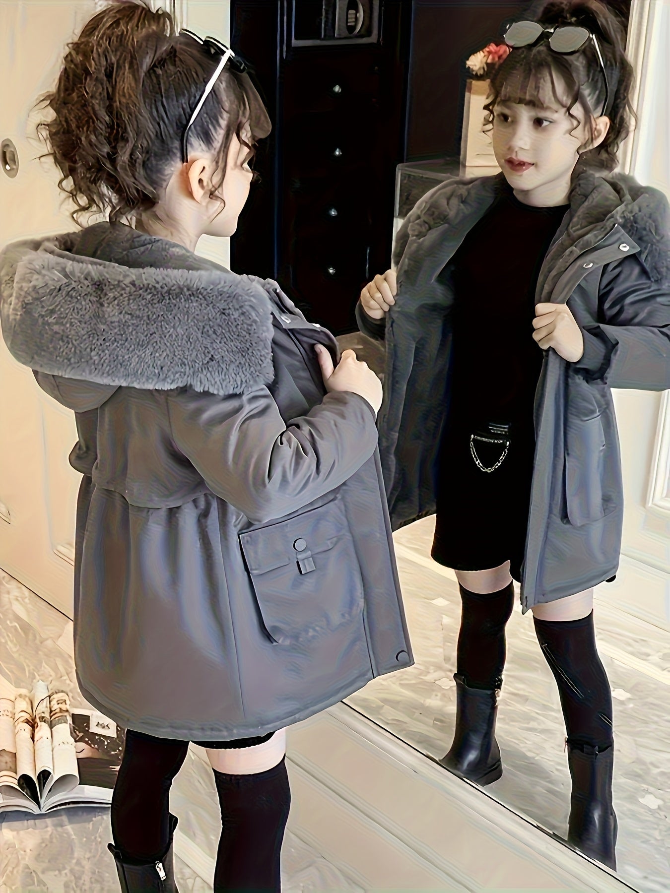 Girls' Winter Parka | 2025 New Fashion Thickened Plush Hooded Midi Coat with Zipper, Suitable for Ages 3-12