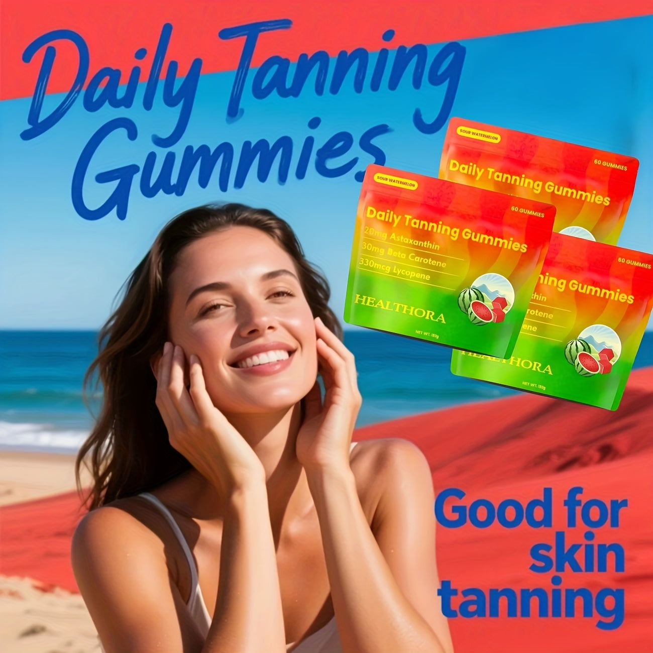 60 Daily Tanning Gummies with Astaxanthin, Tomato Lycopene & Beta-Carotene - 30-Day Supply, Hypoallergenic, 30mg Astaxanthin, 50mg Niacinamide, 125mg Cholecalciferol, 8000mg Beta Carotene, Summer Glow Supplement, Fruit Antiox