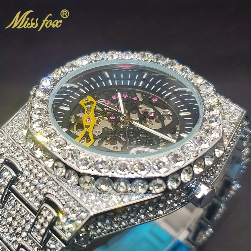MISS FOX Men'S Luxury Golden Rhinestone Wrist Watch - Hip-Hop Ice Automatic Mechanical Movement, Round Analog Display with Glitter Embellishments, Zinc Alloy Band, Fashionable Large Dial Timepiece for Parties & Formal Events,
