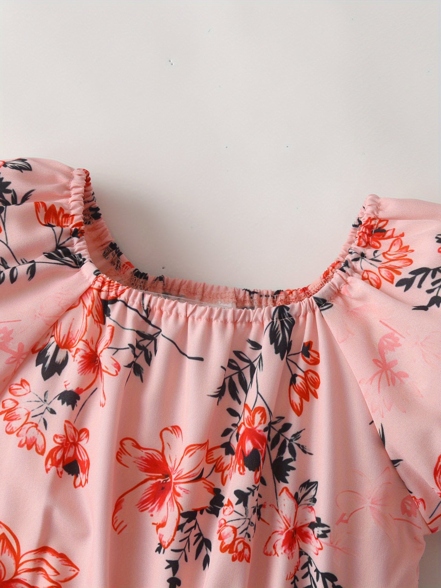 [Floral Romper] Summer Floral Print Girls' Romper Jumpsuit | Puff Sleeve, Lace-Up Belt, Machine Washable, Casual Playwear for 7 Years, Little Girls Clothes, Breathable Fabric