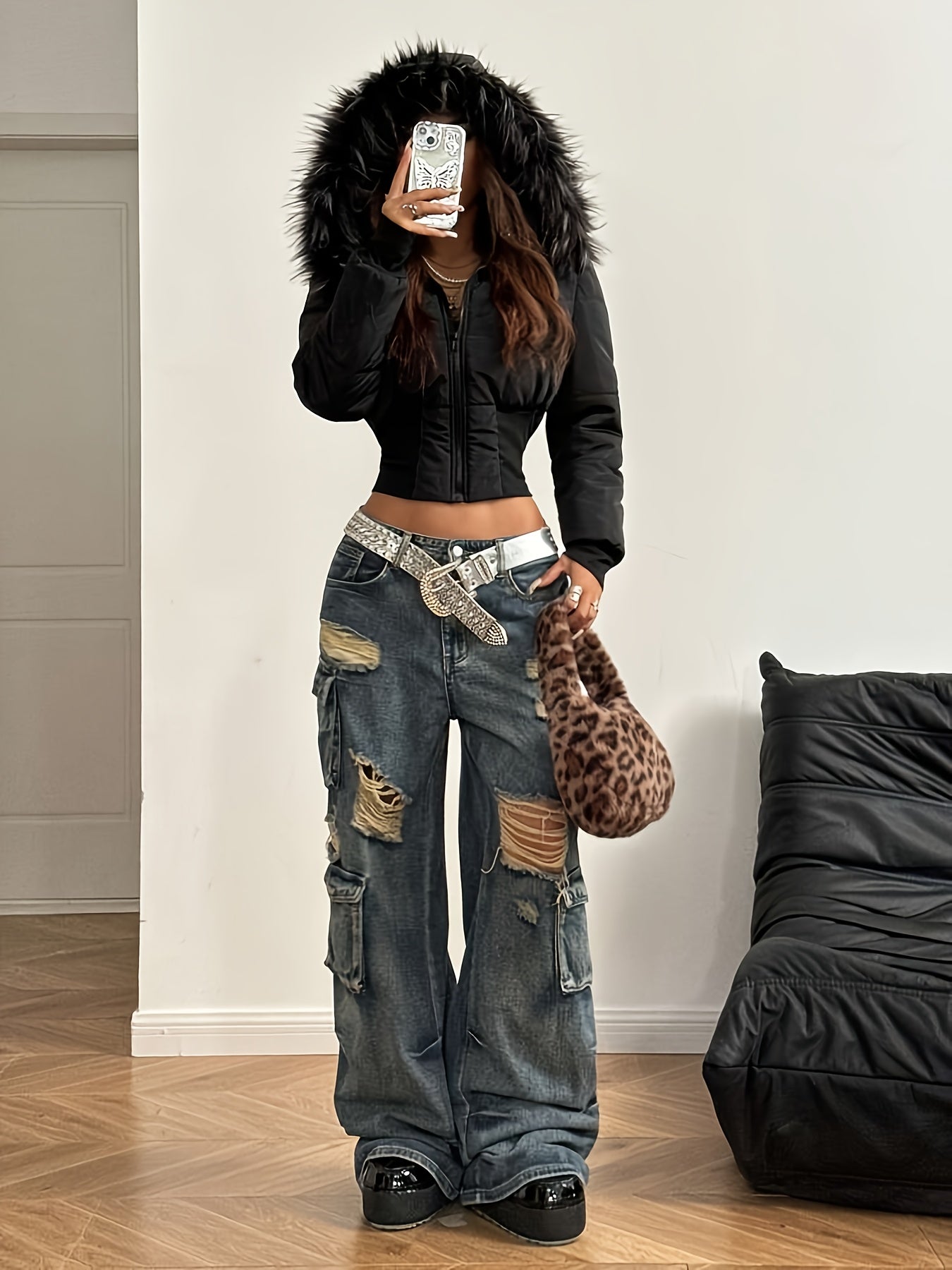 Women'S Winter Quilted Jacket - Cozy Long Sleeve Zip-Up Coat with Plush Faux Fur Trim, Black Casual Streetwear Outerwear, Warm Winter Coat for Cold Weather