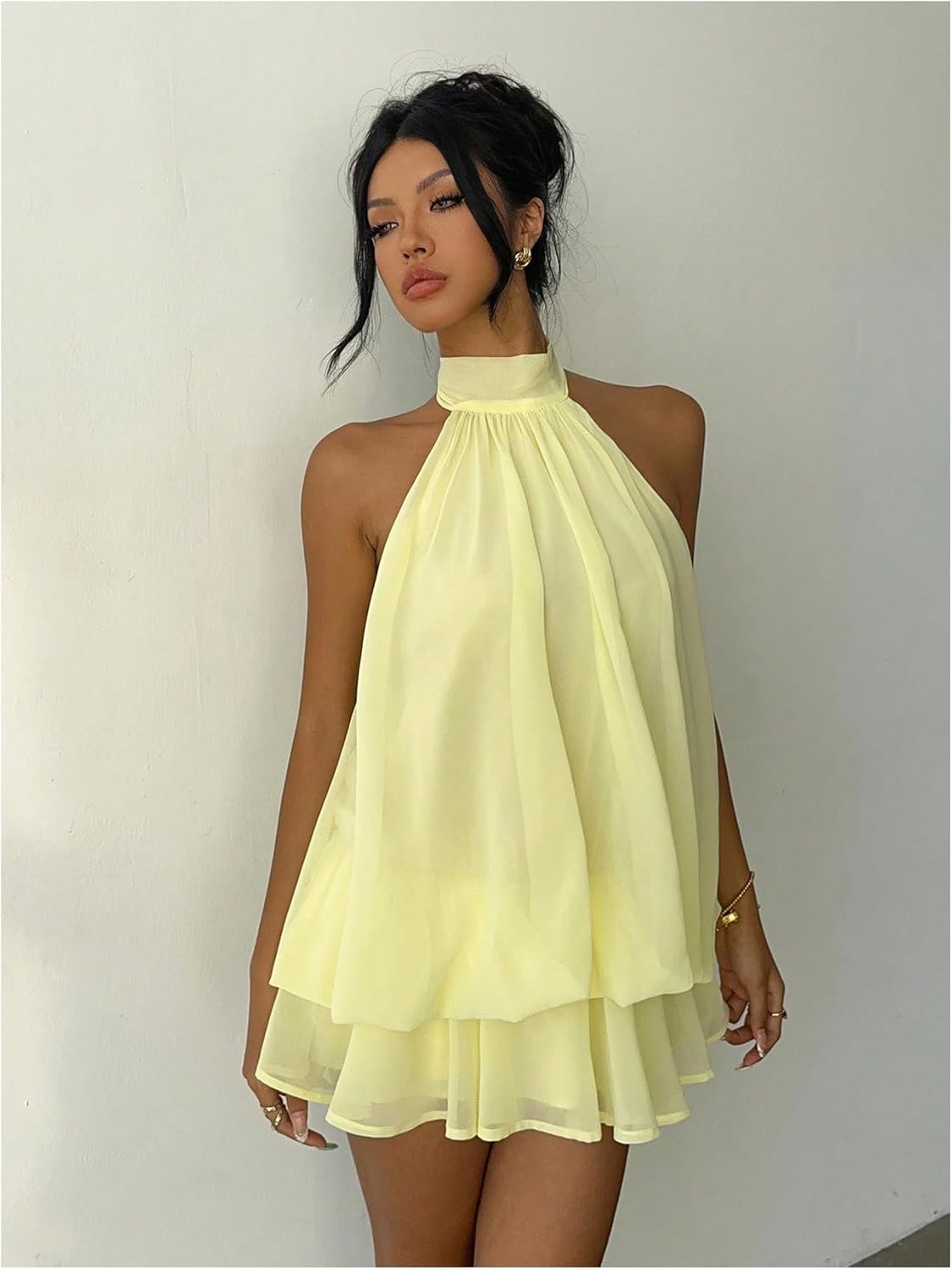 Verdusa Women's Chiffon Halter Drop Waist Wedding Guest Dresses Ruffle Summer Mini Dress Brunch Outfits