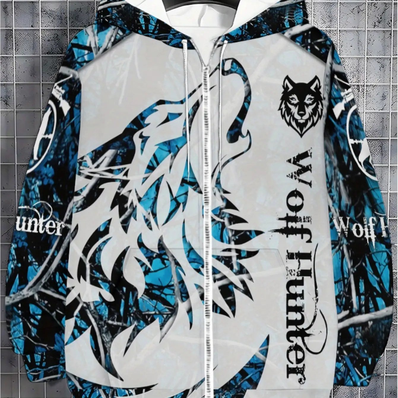 Men's Wolf Print Full-Zip Hoodie Jacket - Turquoise Blue/Black/White Winter Warm Coat with Wolf Logo, Loose Fit Casual Outdoor Sportswear, Machine Washable Full-Zipper Hooded Sweatshirt for Autumn & Cold Weather, PLUS SIZE