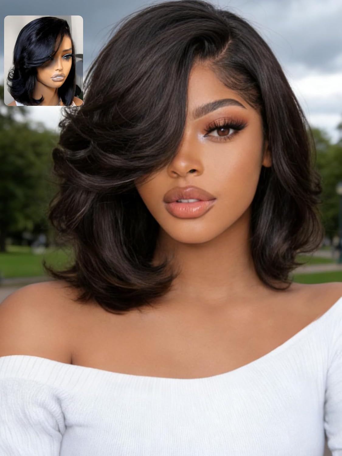 UNICE 10 inch Side Part Short Bob Wig human Hair with Blow Out Layered Bangs 7x5 Lace Front Glueless Wigs Human Hair Pre Plucked Bleached Knots Pre Cut Ready To Wear Black Wig Shoulder Length