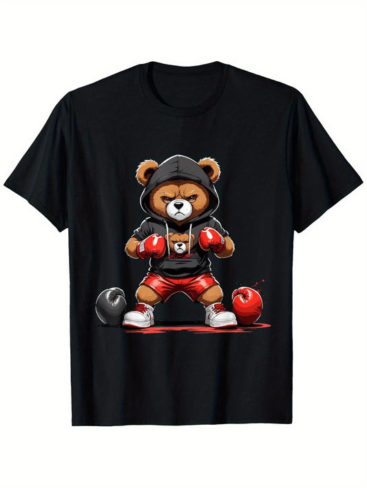Men's Cotton Graphic T-Shirt - Black Bear Boxing Hip Hop Street Style, Casual Short Sleeve Crew Neck Tee for Gym, Sports & Casual Outings, Machine Washable Regular Fit, Gym Apparel, Playful Design, Comfortable Fit, Workout Cl