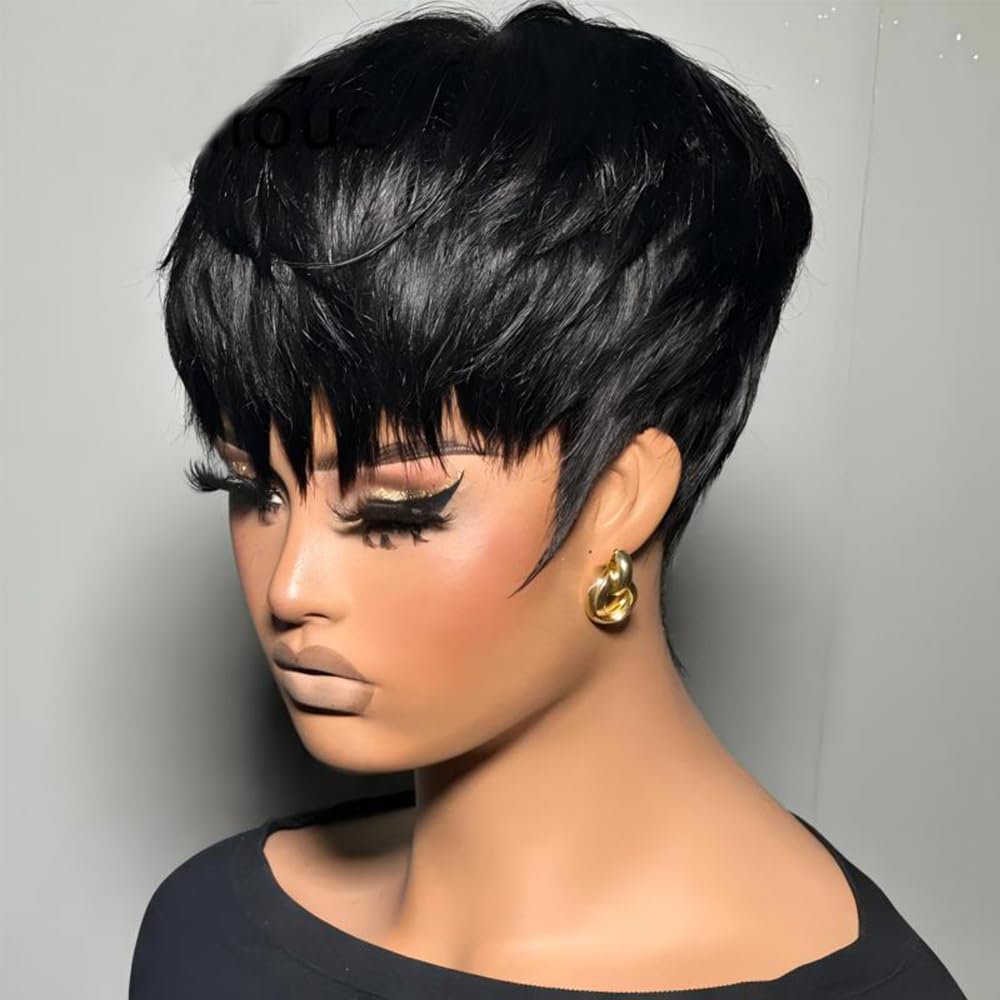 Short Pixie Cut Wig Human Hair Bob Wigs for Black Women Human Hair Layered Full Machine Made Wig with Bangs 1B Color 150% Density