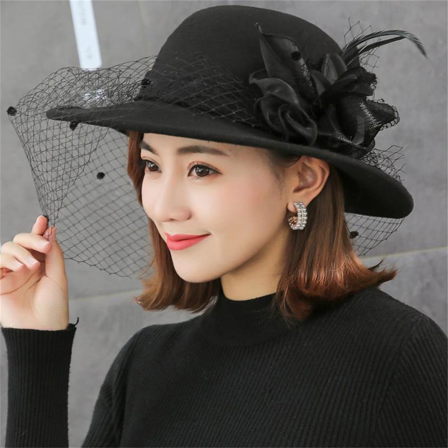 Women's Wide Brim Fedora Hat with Black Lace Veil & Floral Decor - Non- Derby Cap for Church, Bridal Tea Party, Formal Events