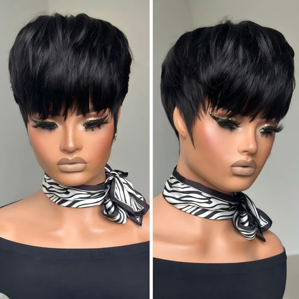 Short Pixie Cut Wig Human Hair Bob Wigs for Black Women Human Hair Layered Full Machine Made Wig with Bangs 1B Color 150% Density