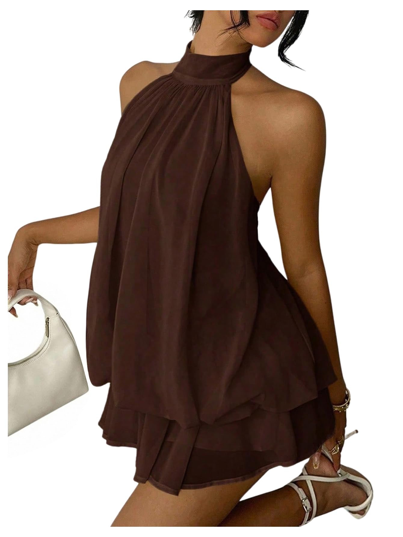 Verdusa Women's Chiffon Halter Drop Waist Wedding Guest Dresses Ruffle Summer Mini Dress Brunch Outfits