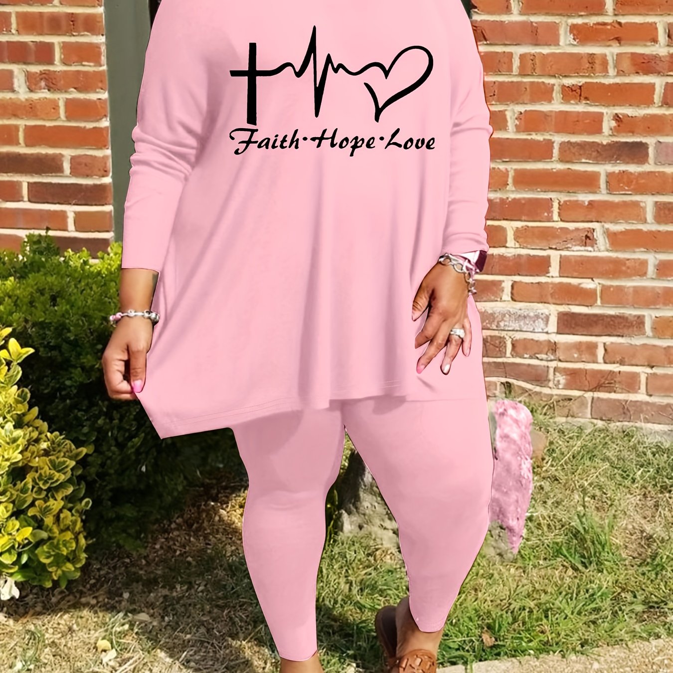 Plus Size - Plus Size - Women'S Plus Size Casual Crew Neck Long Sleeve Top & Pants Set - "Faith, Hope, Love" Letter Print with Pockets, Stretchy Polyester Blend, Black, Everyday Comfort Wear, Everyday Comfort Wear | Relaxed F