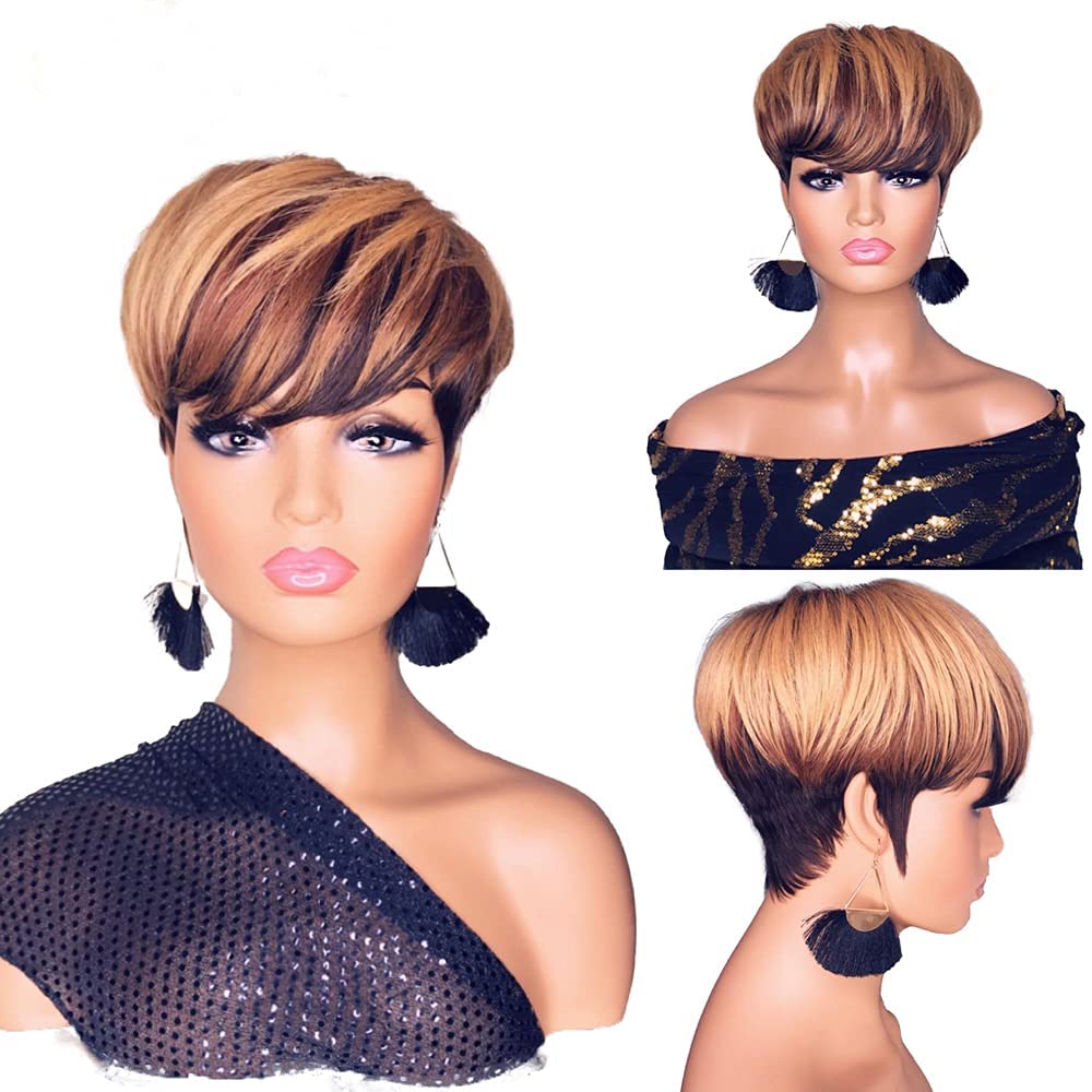 Pixie Cut Wig for Black Women Human Hair Short Bob Wig Layered None Lace Front Glueless Full Machine Made Wig with Bangs 150% Density 1B/4/27 Color