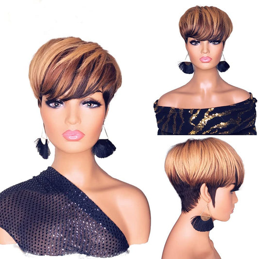 Pixie Cut Wig for Black Women Human Hair Short Bob Wig Layered None Lace Front Glueless Full Machine Made Wig with Bangs 150% Density 1B/4/27 Color