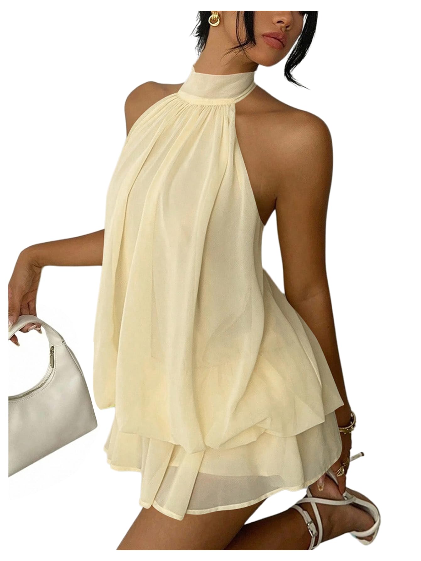 Verdusa Women's Chiffon Halter Drop Waist Wedding Guest Dresses Ruffle Summer Mini Dress Brunch Outfits