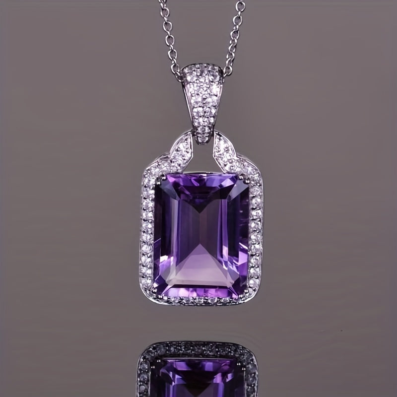 A Women'S Fashion Pendant Necklace Featuring a Vintage Luxurious Design with a Purple Cubic Zirconia Rectangular Cut Pendant, Perfect for Elegant Outfits at Parties And Gatherings, Making It a Stylish Gift for Mother'S Day.