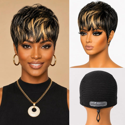 Short Pixie Cut Wig Human Hair Ultra Comfort Throw On and Go Wig Glueless Bob Wig for Black Women Human Hair Skin Friendly Protective Wig Cap Full Machine Made Wig 150% Density 1B/27 Color