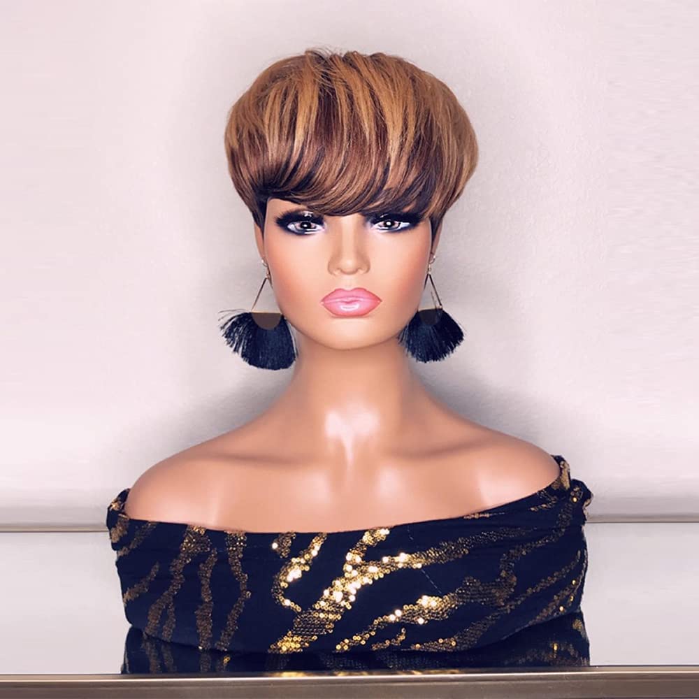 Pixie Cut Wig for Black Women Human Hair Short Bob Wig Layered None Lace Front Glueless Full Machine Made Wig with Bangs 150% Density 1B/4/27 Color