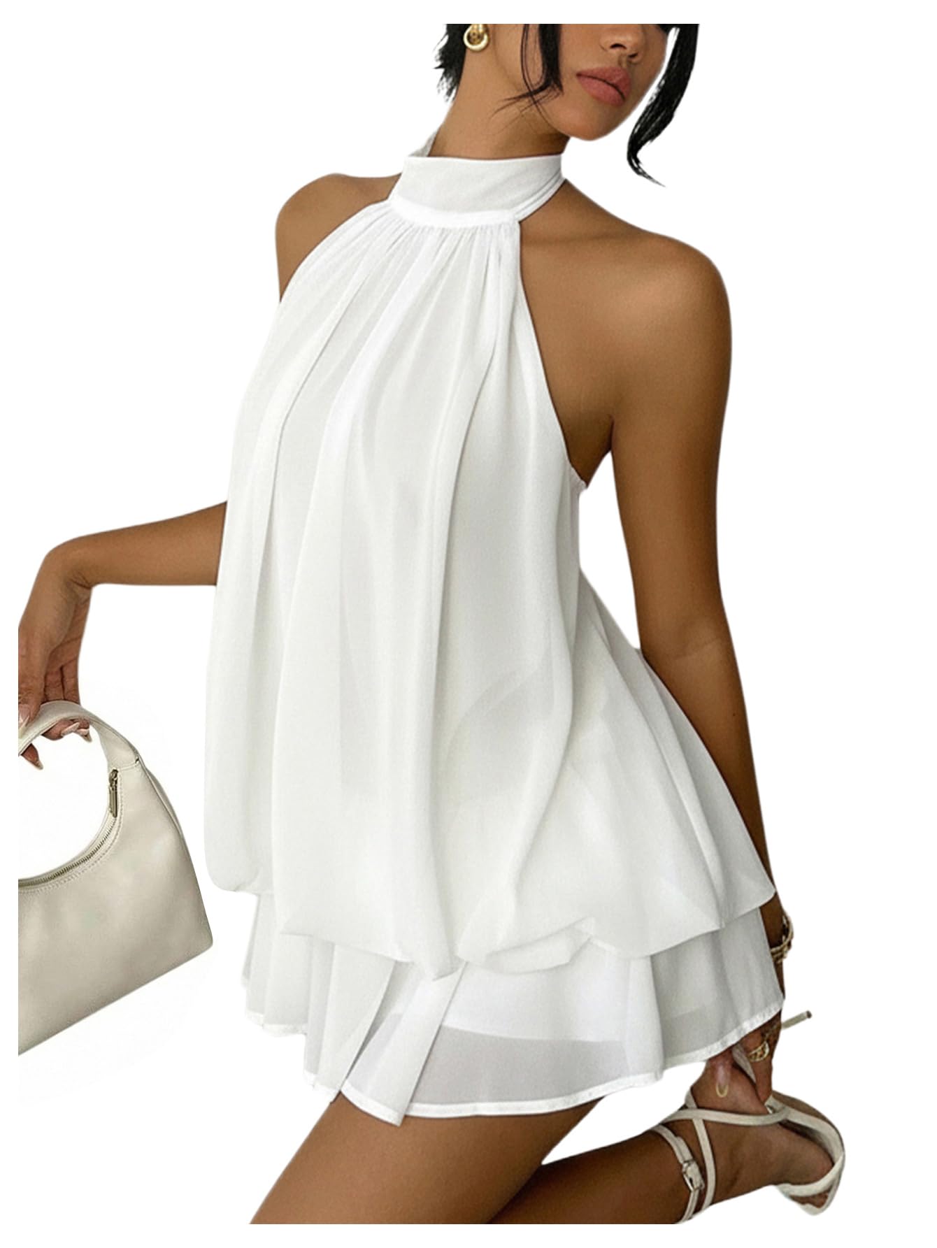 Verdusa Women's Chiffon Halter Drop Waist Wedding Guest Dresses Ruffle Summer Mini Dress Brunch Outfits
