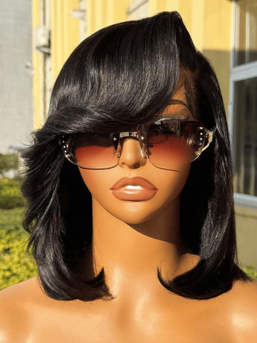 UNICE 12 inches Short Bob Wig human Hair with Blow Out Bangs 4X4 Lace Glueless Wigs Human Hair Pre Plucked Bleached Knots Pre Cut Lace Ready to Wear Wig