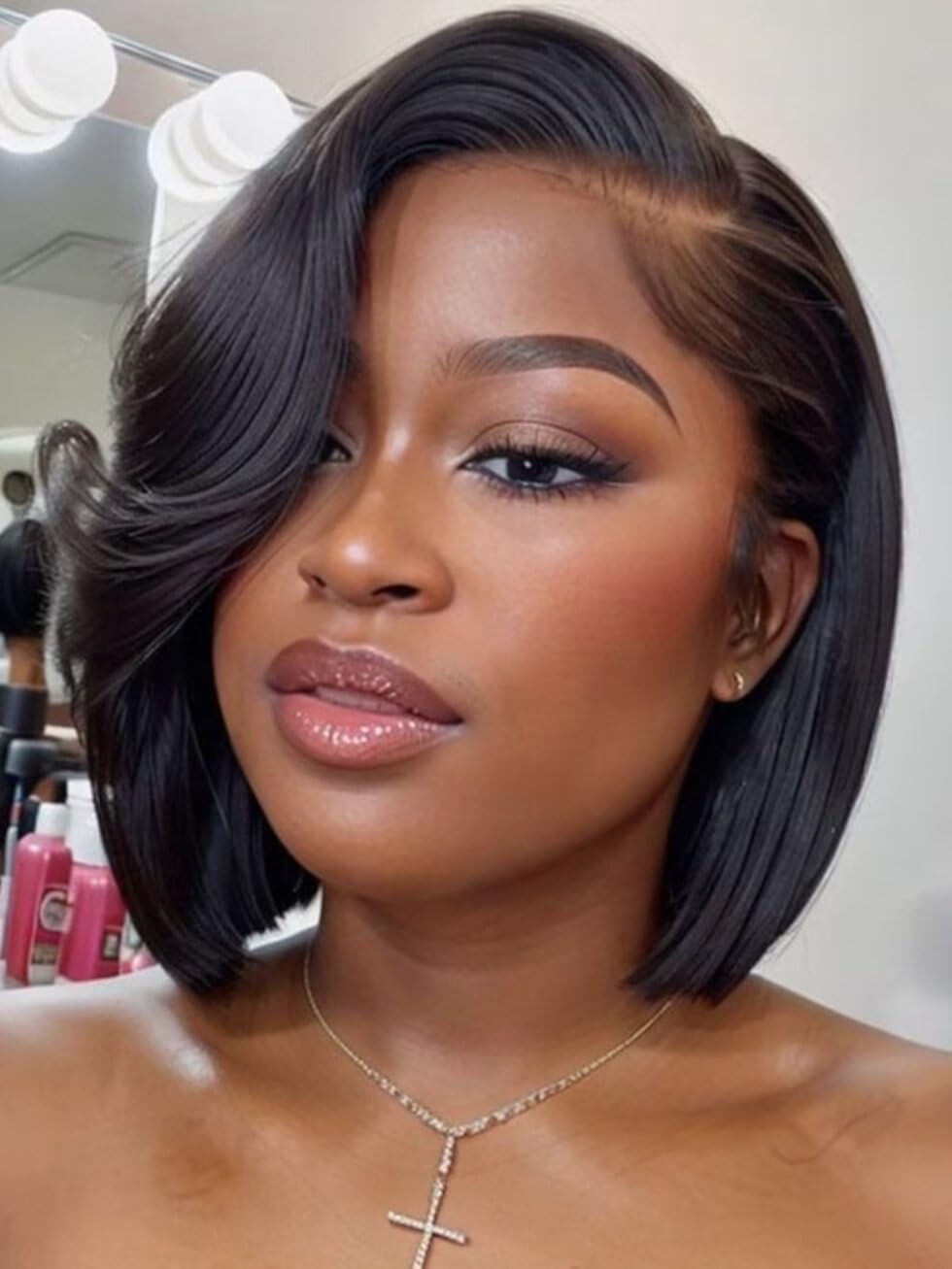 UNICE 12 inches Short Bob Wig human Hair with Blow Out Bangs 4X4 Lace Glueless Wigs Human Hair Pre Plucked Bleached Knots Pre Cut Lace Ready to Wear Wig