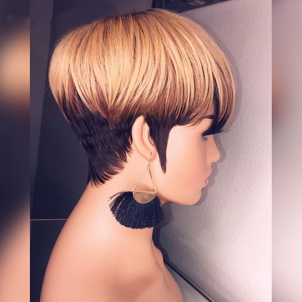 Pixie Cut Wig for Black Women Human Hair Short Bob Wig Layered None Lace Front Glueless Full Machine Made Wig with Bangs 150% Density 1B/4/27 Color