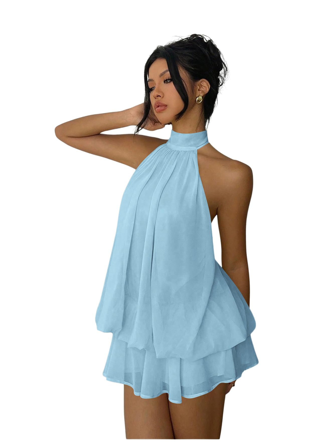 Verdusa Women's Chiffon Halter Drop Waist Wedding Guest Dresses Ruffle Summer Mini Dress Brunch Outfits