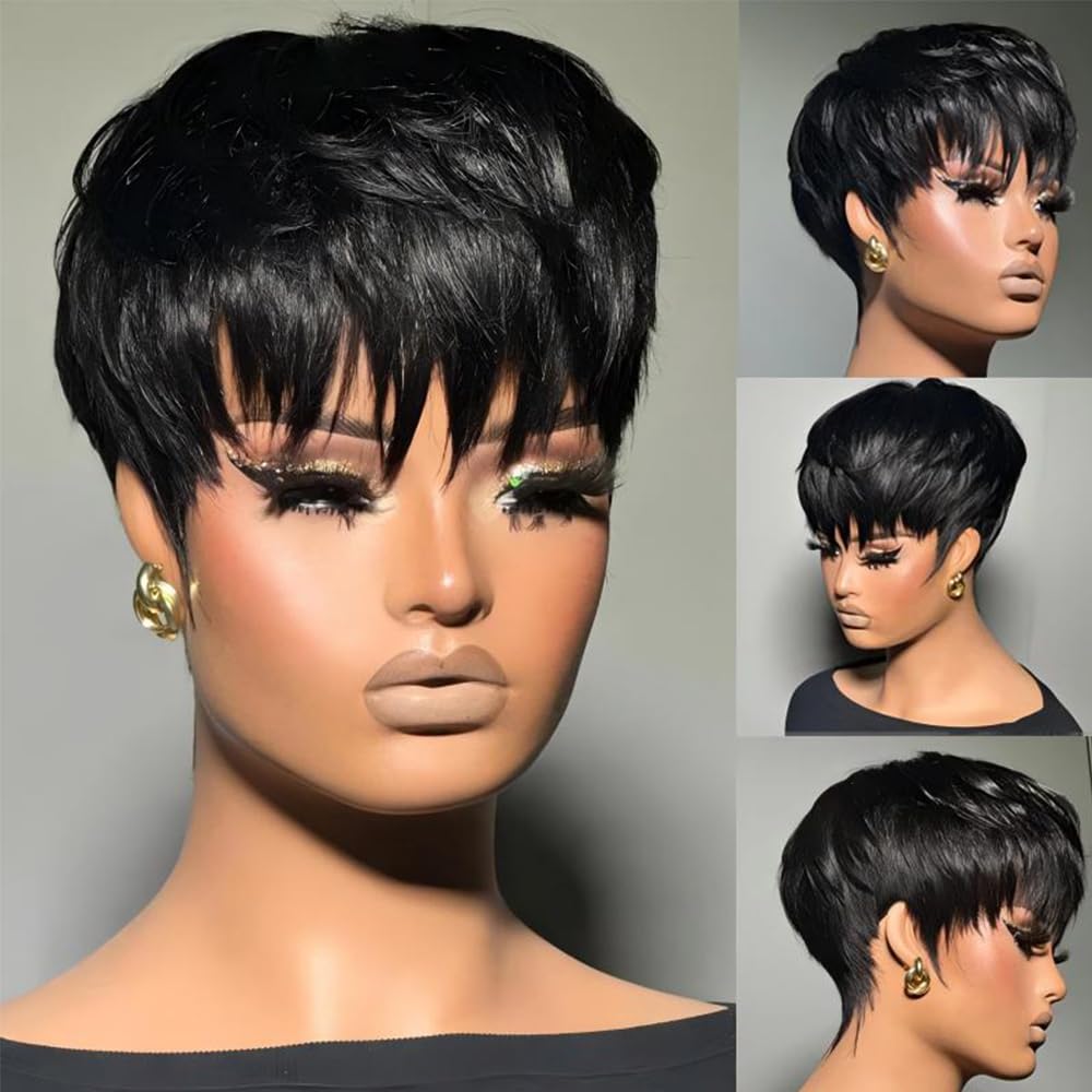 Short Pixie Cut Wig Human Hair Bob Wigs for Black Women Human Hair Layered Full Machine Made Wig with Bangs 1B Color 150% Density