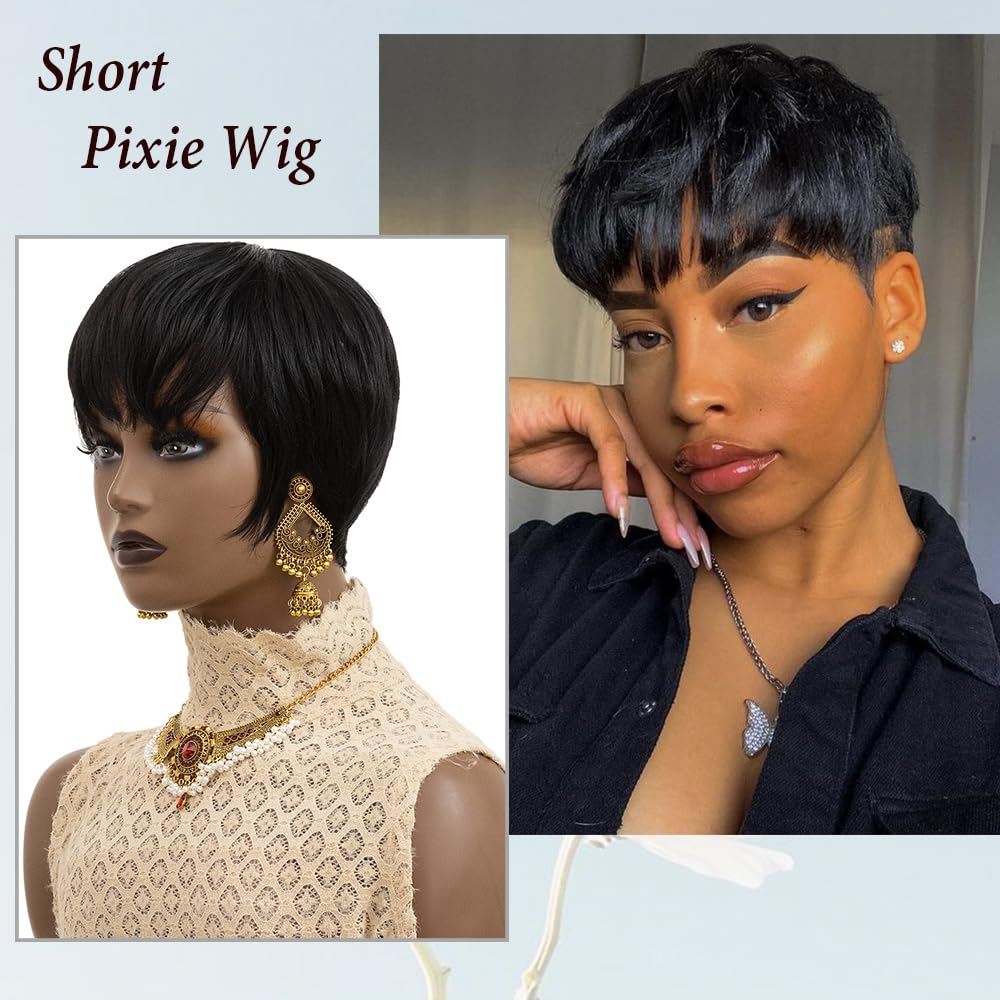 Black Pixie Wig Synthetic Hair Short Curly Wigs for Black Women | Short Wigs for Black Women Pixie Cut Wig Short Curly Wigs for Black Women Synthetic Hair Wavy Black Pixie Wig (black