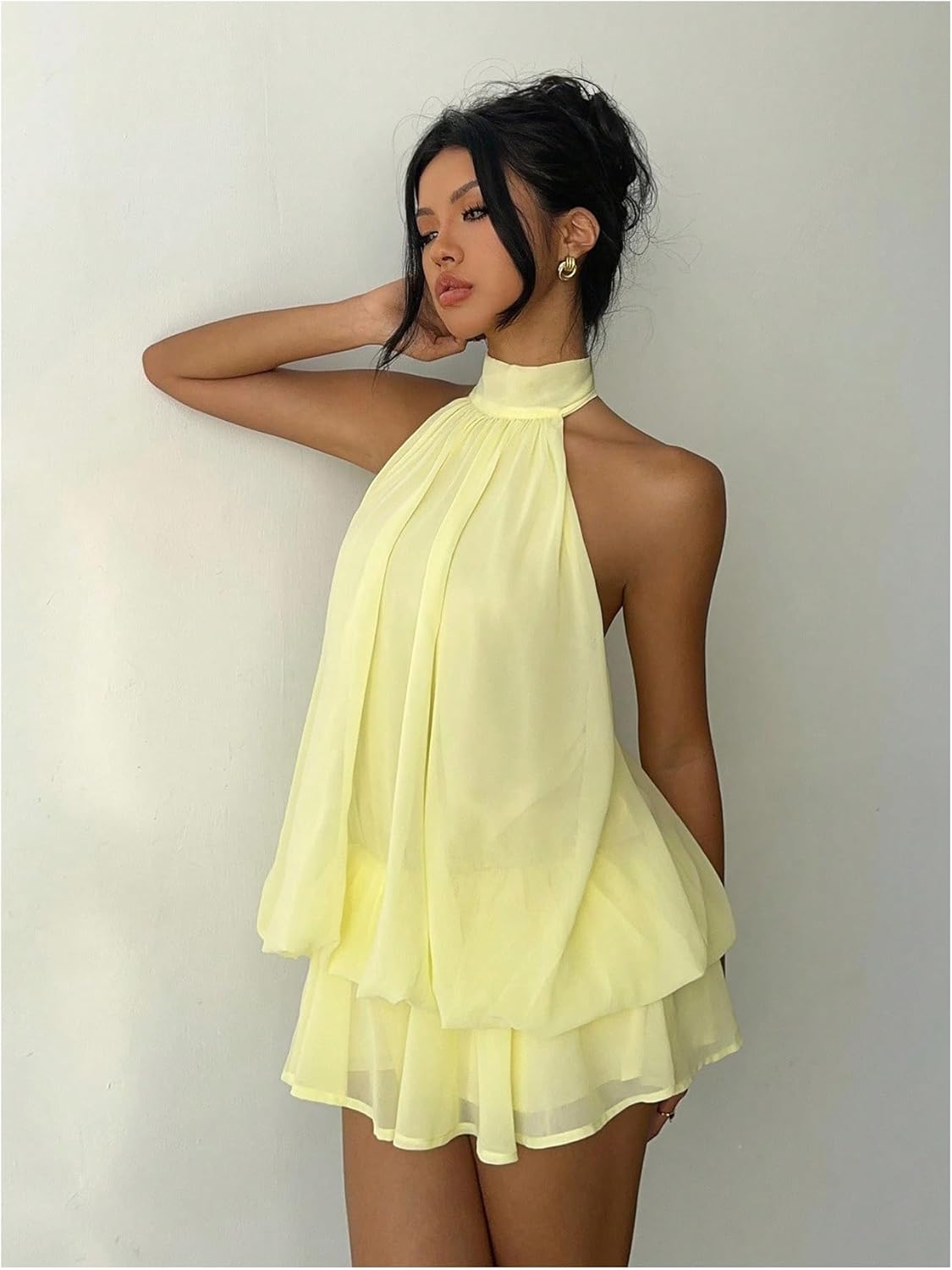 Verdusa Women's Chiffon Halter Drop Waist Wedding Guest Dresses Ruffle Summer Mini Dress Brunch Outfits
