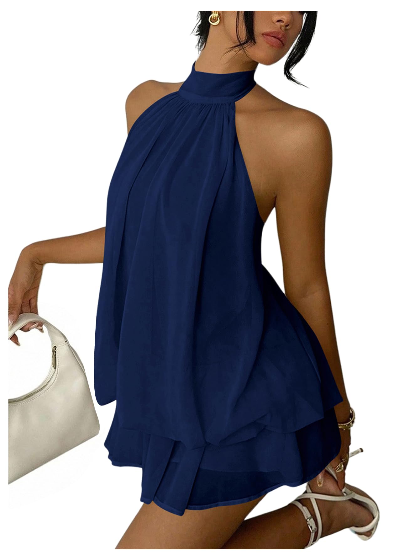 Verdusa Women's Chiffon Halter Drop Waist Wedding Guest Dresses Ruffle Summer Mini Dress Brunch Outfits
