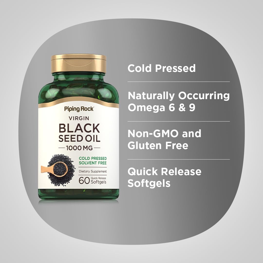 Piping Rock Black Seed Oil Softgel Capsules | 1000mg | 60 Pills | Cold Pressed Solvent Free | Non GMO, Gluten Free Supplement