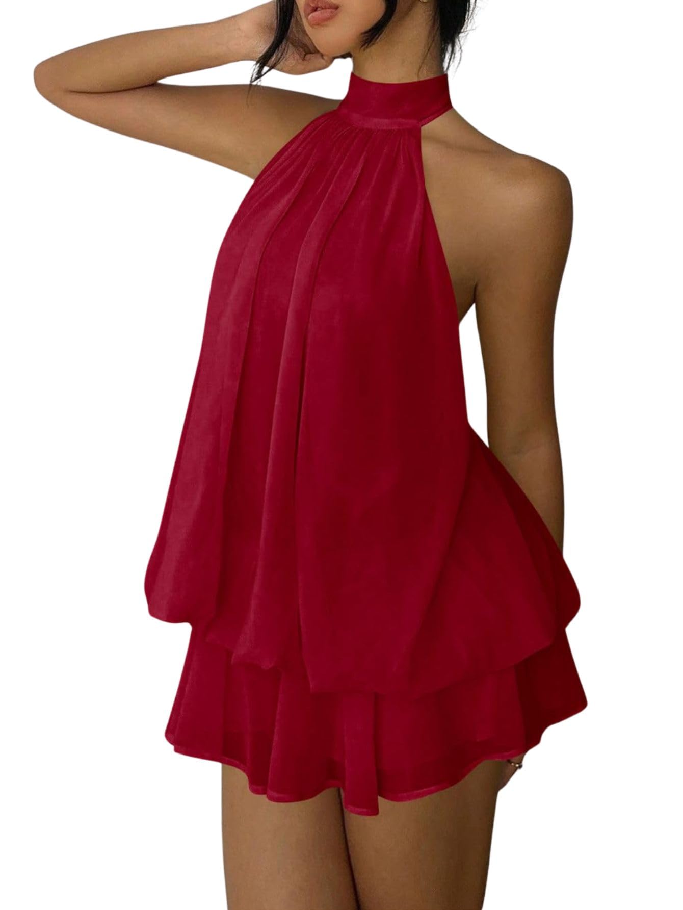 Verdusa Women's Chiffon Halter Drop Waist Wedding Guest Dresses Ruffle Summer Mini Dress Brunch Outfits