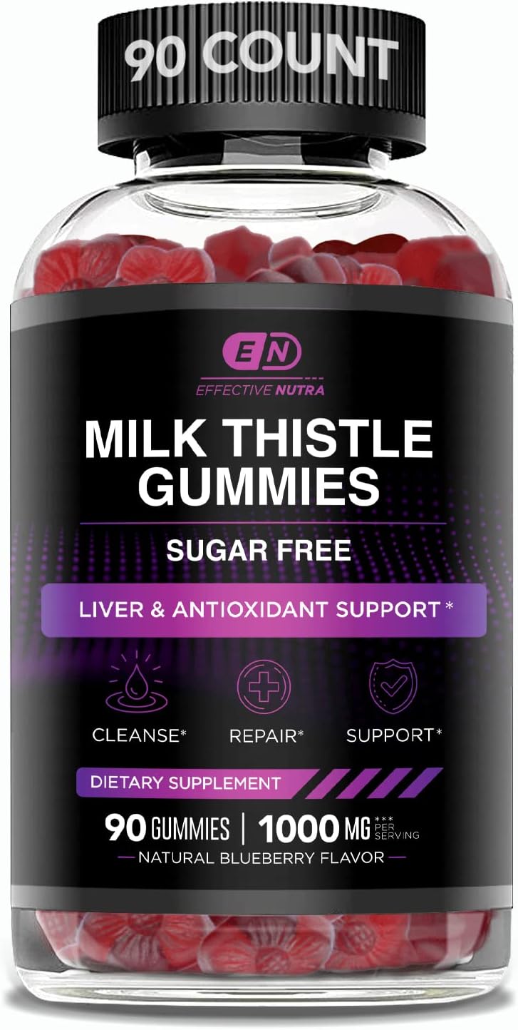 Effective Nutra Milk Thistle Gummies | Sugar-Free Milk Thistle Extract 1000mg for Liver Detox & Antioxidant Support | Vegan, Gluten-Free| 45-Day Supply, Natural Berry Flavor, Made in USA (90 Count)