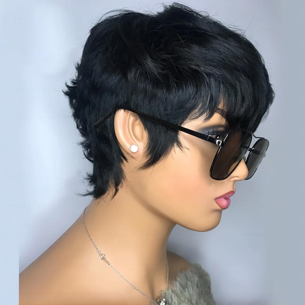 Short Pixie Cut Wig Human Hair Bob Wigs for Black Women Human Hair Layered Full Machine Made Wig with Bangs 1B Color 150% Density