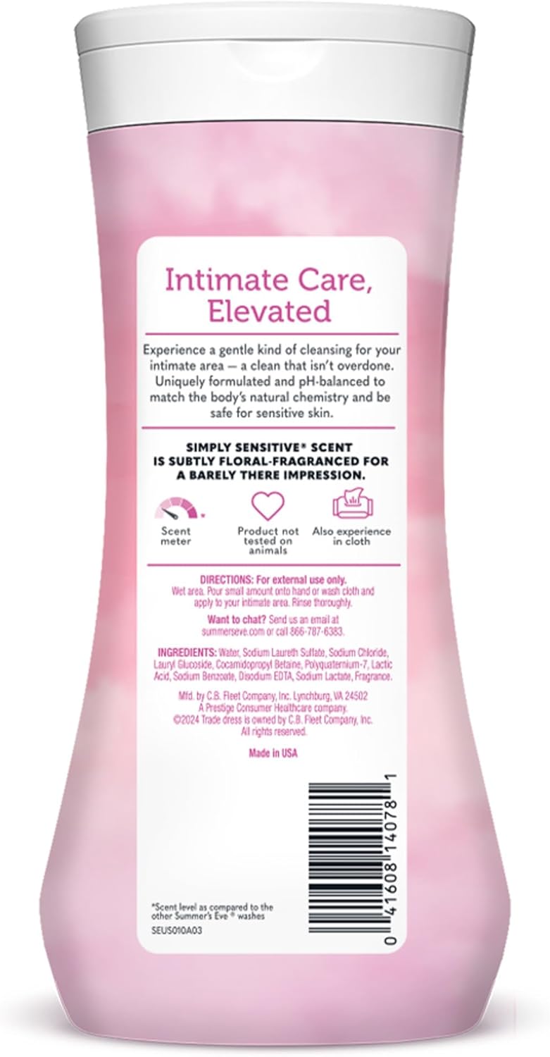 Summer's Eve Simply Sensitive All-Over Daily Feminine Wash, Gentle pH-Balanced Body Wash for Women, Removes Vaginal Odor, 15 Fl Oz