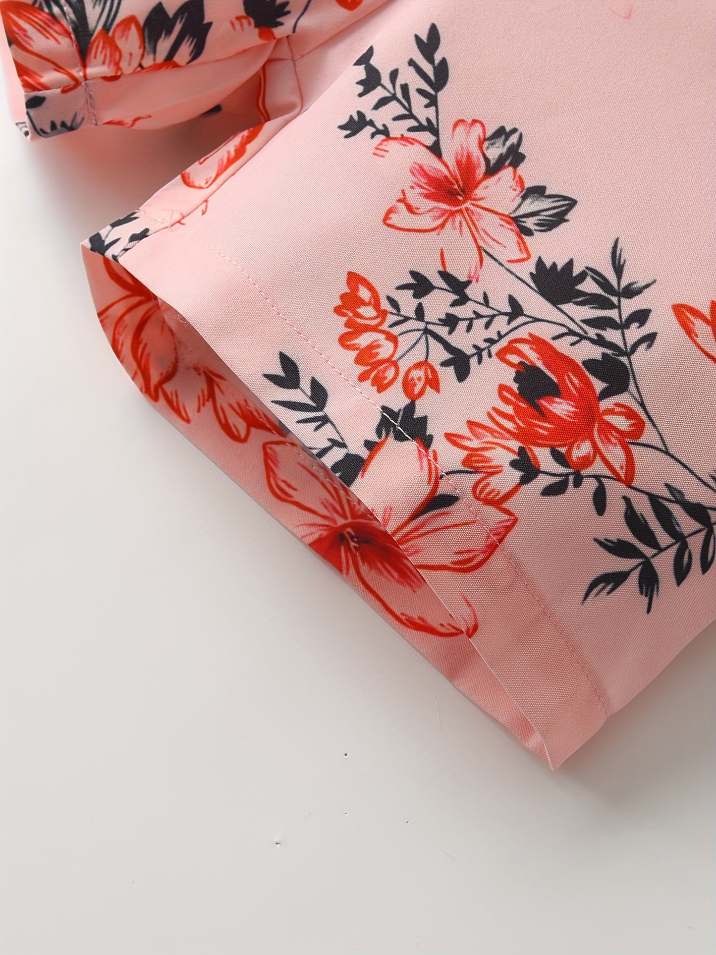 [Floral Romper] Summer Floral Print Girls' Romper Jumpsuit | Puff Sleeve, Lace-Up Belt, Machine Washable, Casual Playwear for 7 Years, Little Girls Clothes, Breathable Fabric