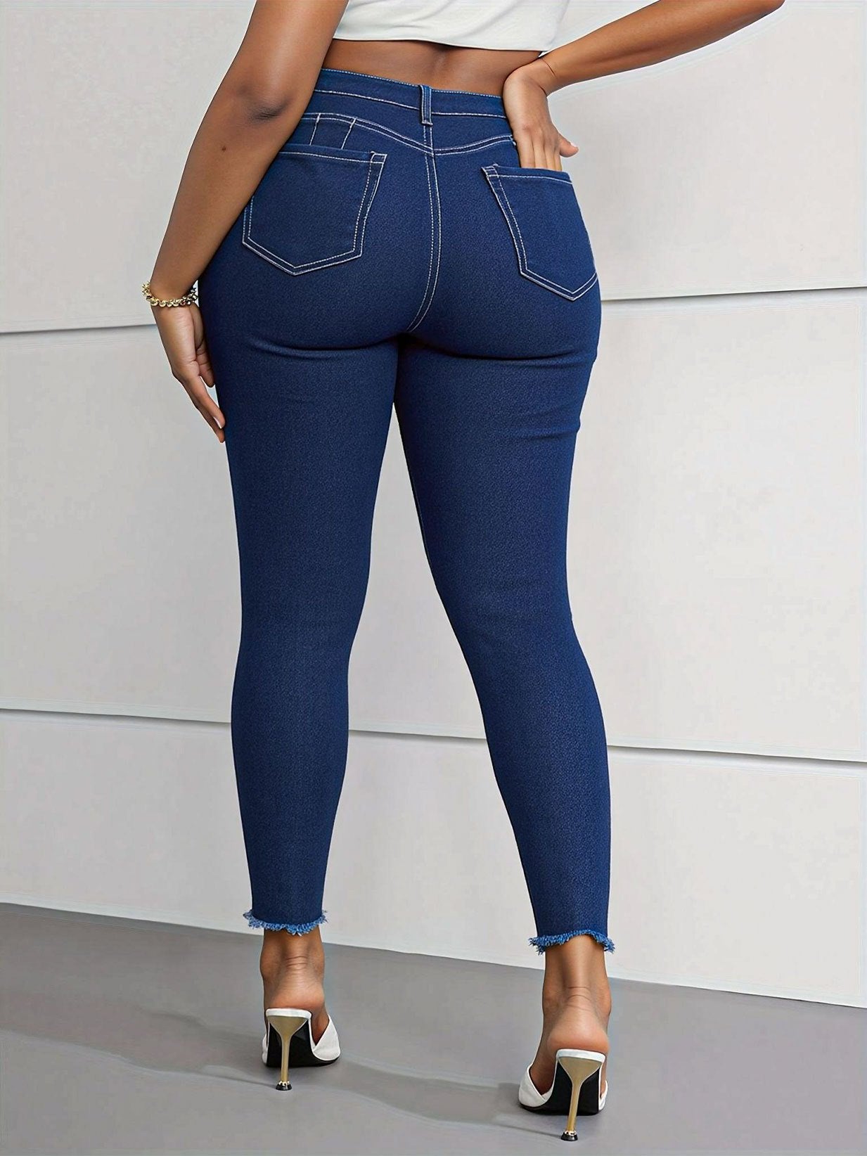 [Torn Skinny Jeans] Large Size Women's Skinny Jeans | Torn with Pockets Casual