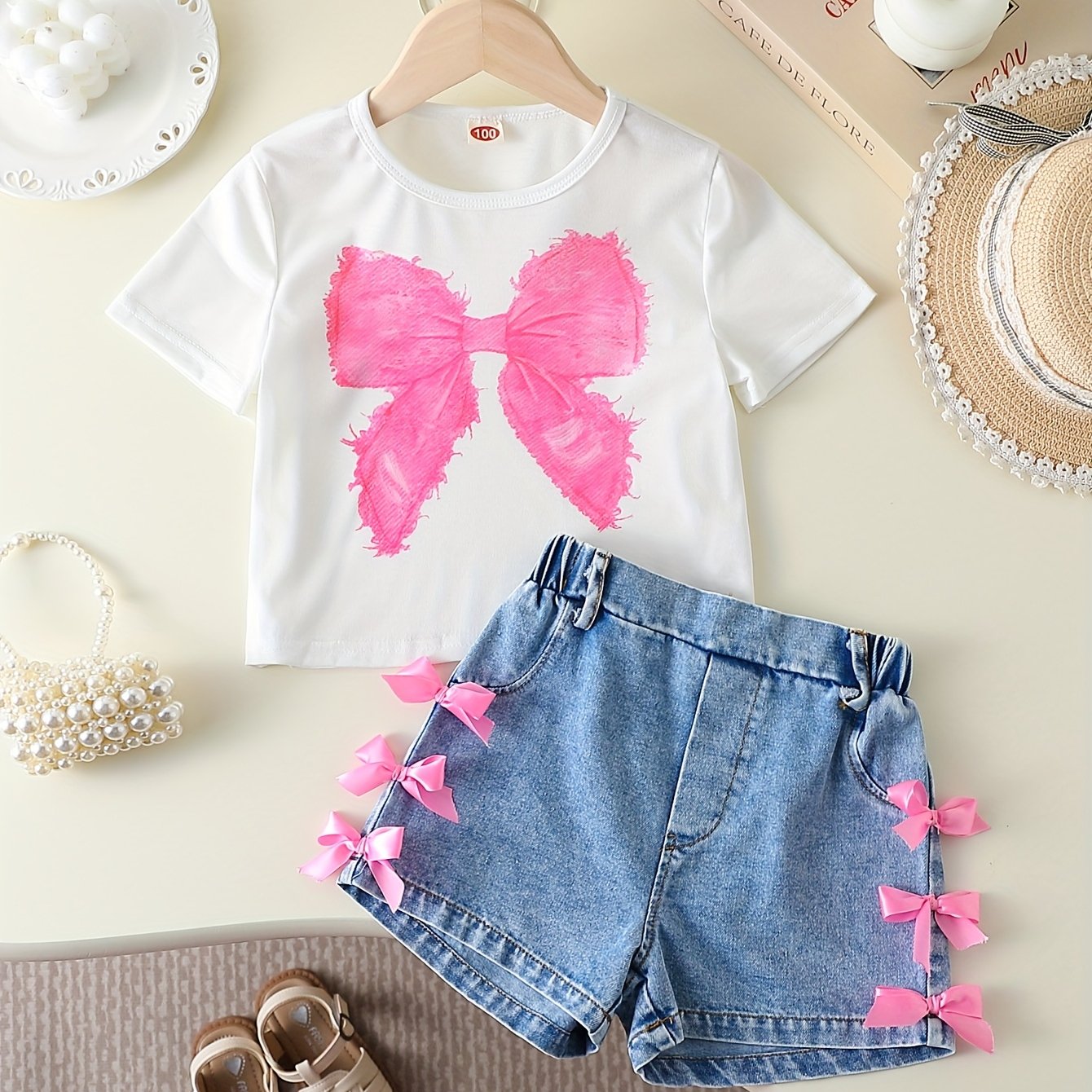 Girls' Summer Round Neck Short Sleeve Simple Versatile Cute Bow Print Top with Denim Shorts Set for Home Leisure Outing Daily Shopping Wear, for Outdoor