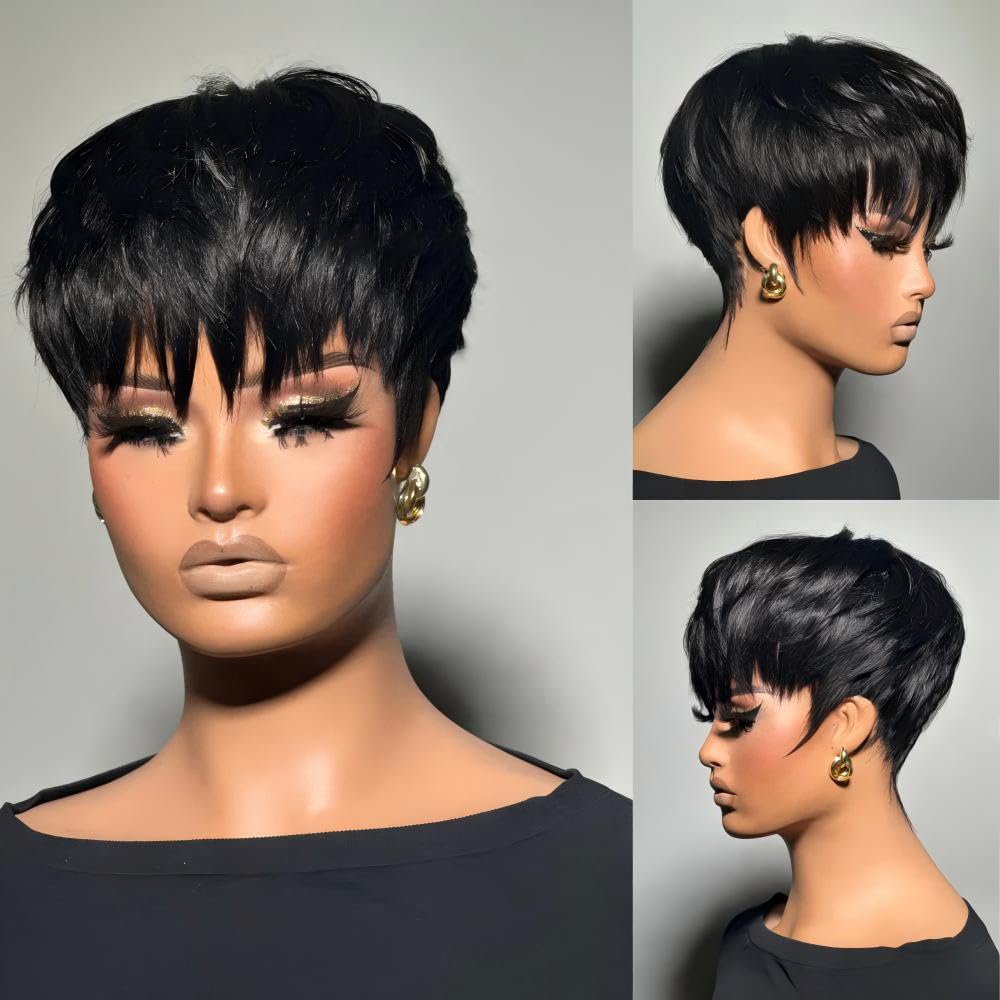 Short Pixie Cut Wig Human Hair Bob Wigs for Black Women Human Hair Layered Full Machine Made Wig with Bangs 1B Color 150% Density