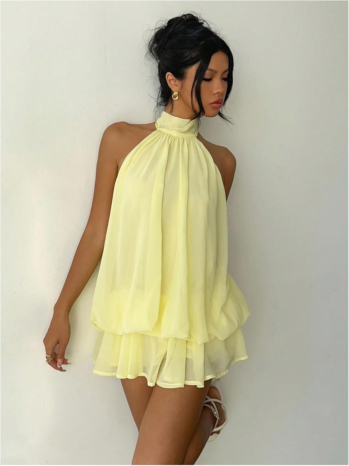Verdusa Women's Chiffon Halter Drop Waist Wedding Guest Dresses Ruffle Summer Mini Dress Brunch Outfits