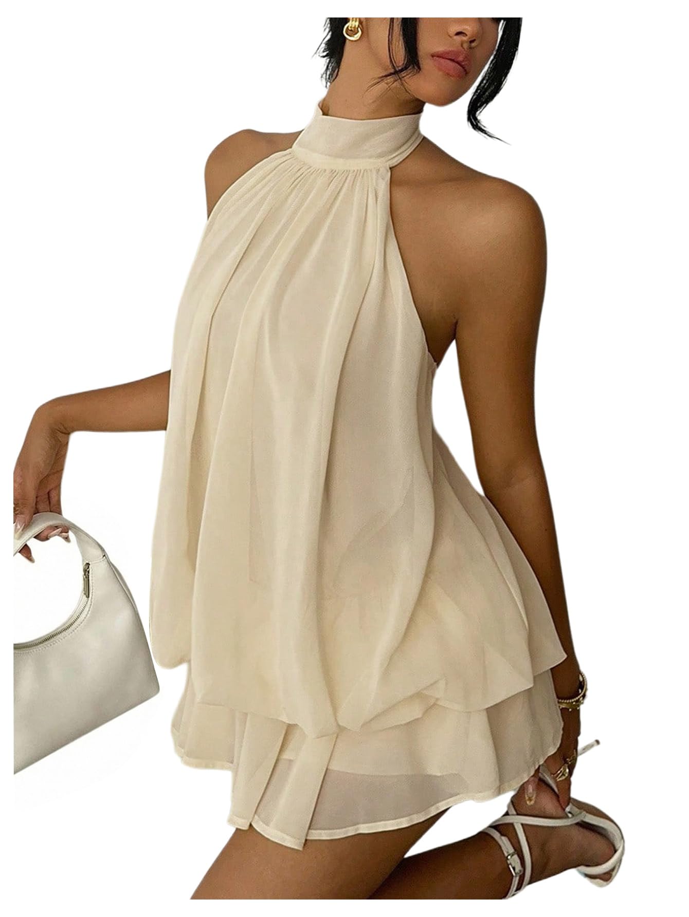 Verdusa Women's Chiffon Halter Drop Waist Wedding Guest Dresses Ruffle Summer Mini Dress Brunch Outfits
