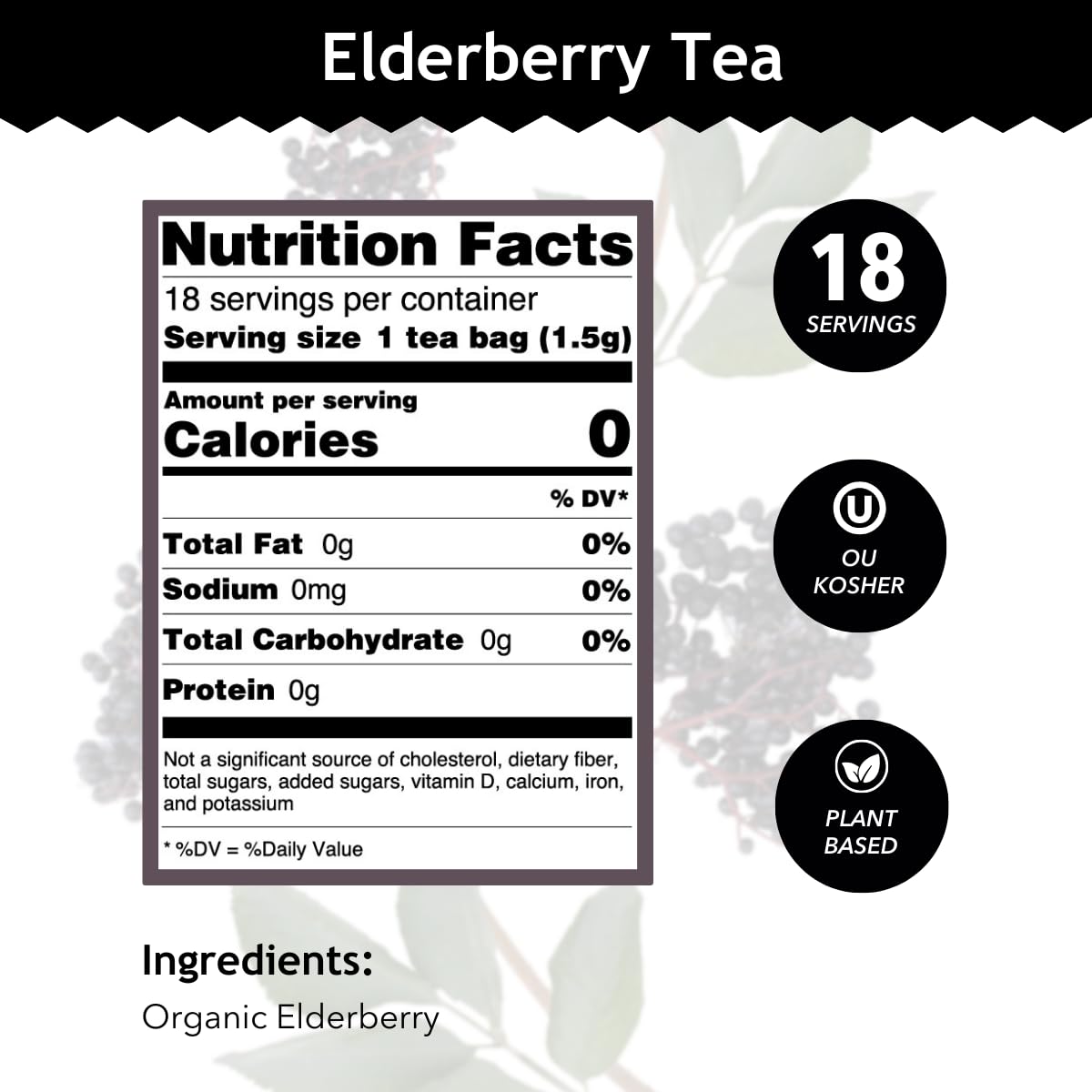 Buddha Teas - Organic Elderberry - Herbal Tea - For Health & Wellbeing - With Antioxidants & Minerals - Clean Ingredients - Caffeine Free - OU Kosher & Non-GMO - 18 Tea Bags (Pack of 1)