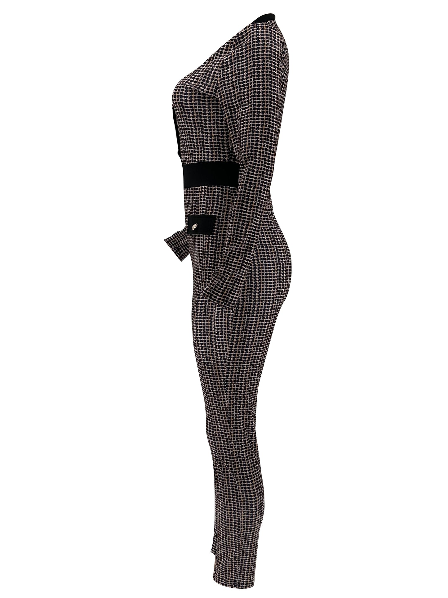 Allover Print Bodycon Jumpsuit, Casual Button Front Long Sleeve Jumpsuit, Women's Clothing