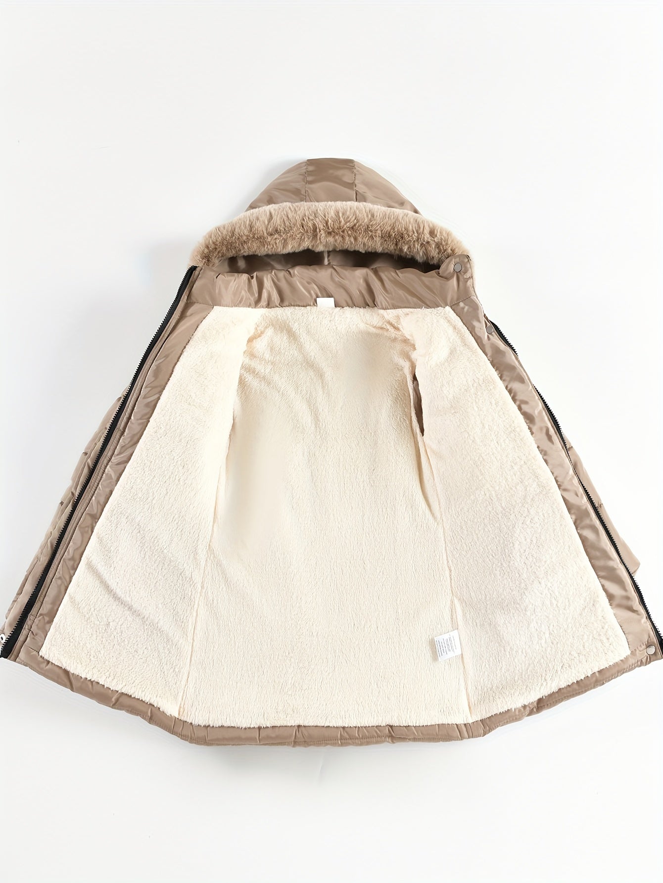 Stylish Girls' Winter Coat with Faux Fur Hood, Heart-Shaped Diamond Pattern, Warm Mid-Length Parka with Belt - Beige, Polyester, Fall/Winter Outerwear for Girls, Girls Winter Clothes