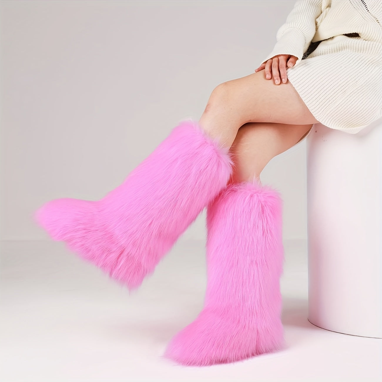 [Warm Furry Winter Boots] AMINUGAL Women's Warm Furry Winter Boots - Slip-On Mid-Calf Boots with Thick Cushioned Sole, PU Lining & Round Toe for Cold Weather Comfort | Black Casual Party Boots, Winter Footwear, Fluffy Boot De
