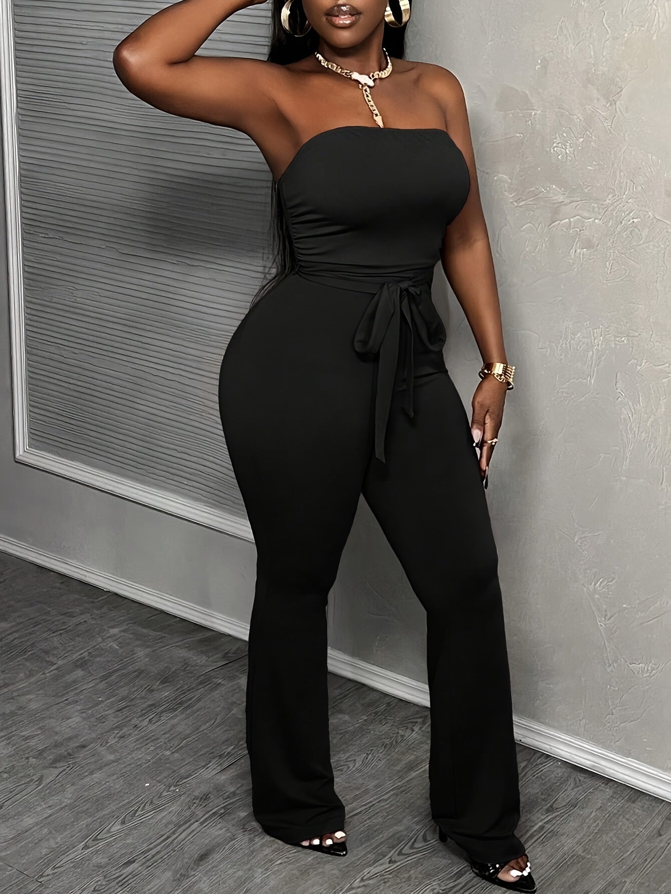 Casual Basic Elegant Purple-red Waist-tied Tube Flared Jumpsuit For Women