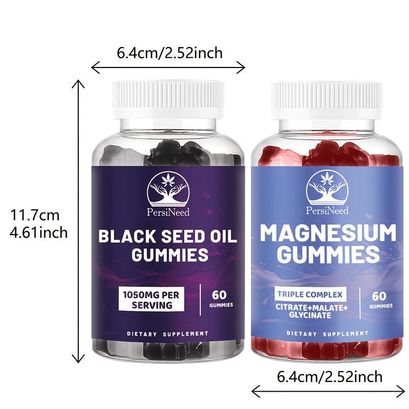 1 Bottle Black Seed Oil & Magnesium Gummies, 1000mg Each, Honey Extract, Sodium, Turkey Tail Mushroom, Triple Complex (Citrate, Malate, Glycinate), Salmon-Free, for Men & Women